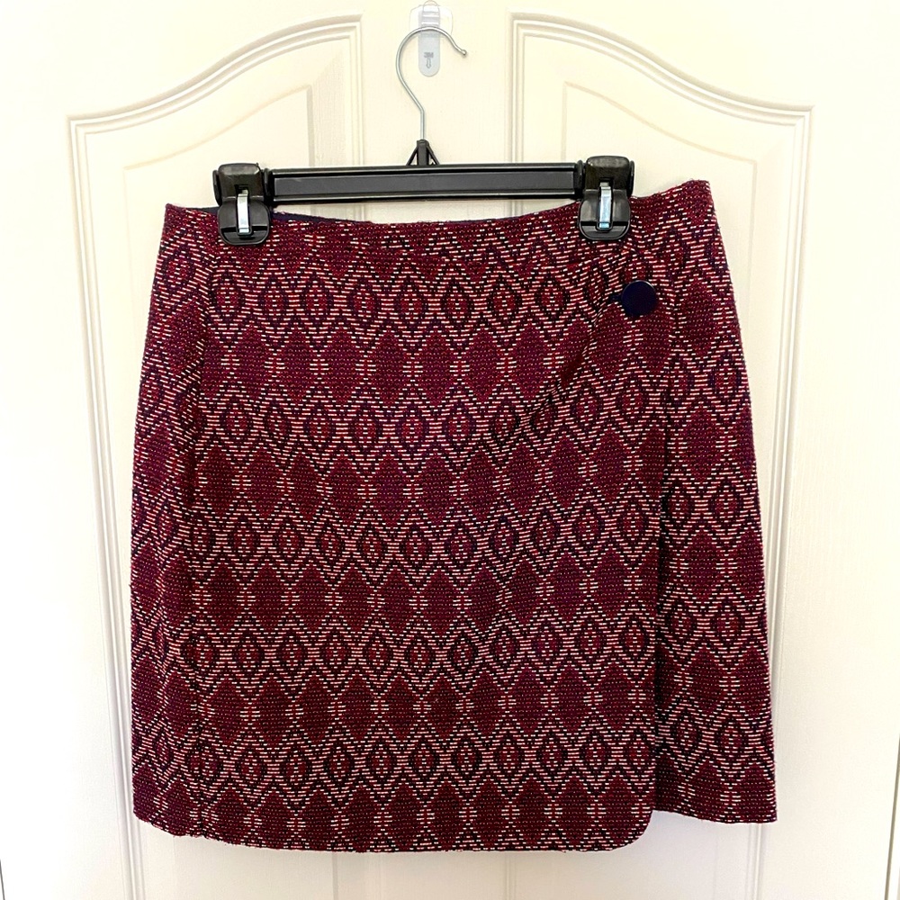 Loft Faux Wrap Burgundy Tweed Pattern Mini Skirt